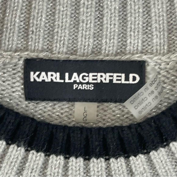 Karl Lagerfeld Sweater Women’s LG Gray Black Striped Crewneck Beaded Sunglasses - Picture 7 of 13